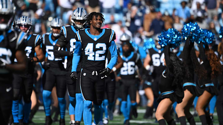 Nov 19, 2023; Charlotte, North Carolina, USA;  Carolina Panthers safety Sam Franklin Jr. (42) before the game at Bank of America Stadium. Mandatory Credit: Bob Donnan-USA TODAY Sports