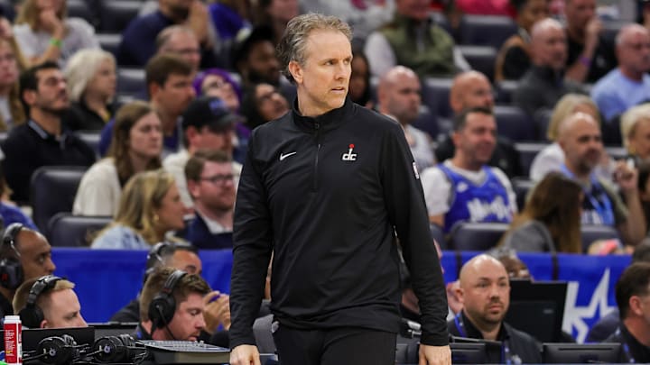Feb 23, 2025; Orlando, Florida, USA; Washington Wizards head coach Brian Keefe looks on during the second quarter against the Orlando Magic at Kia Center. Mandatory Credit: Mike Watters-Imagn Images