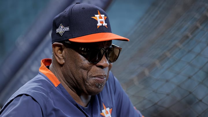 Houston Astros manager Dusty Baker (12) before game seven of the ALCS against the Texas Rangers for the 2023 MLB playoffs at Minute Maid Park.