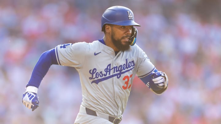 Jul 9, 2024; Philadelphia, Pennsylvania, USA; Los Angeles Dodgers outfielder Teoscar Hernández (37) in action against the Philadelphia Phillies at Citizens Bank Park.