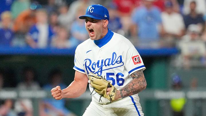 Jun 9, 2026; Kansas City, Missouri, USA; Kansas City Royals pitcher Alex Lange (56) celebrates after the win over the Texas Rangers at Kauffman Stadium. Mandatory Credit: Denny Medley-Imagn Images Jun 9, 2026; Kansas City, Missouri, USA; Kansas City Royals pitcher Alex Lange (56) celebrates after the win over the Texas Rangers at Kauffman Stadium. Mandatory Credit: Denny Medley-Imagn Images