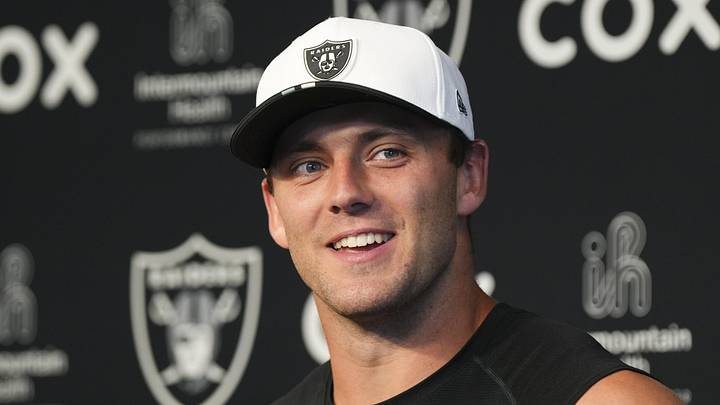 Las Vegas Raiders tight end Brock Bowers speaks during a news conference during organized team activities.