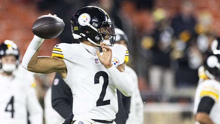 Nov 21, 2024; Cleveland, Ohio, USA; Pittsburgh Steelers quarterback Justin Fields (2) throws the ball during warm ups before the game against the Cleveland Browns at Huntington Bank Field Stadium. Mandatory Credit: Scott Galvin-Imagn Images