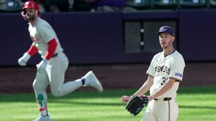 Milwaukee Brewers pitcher Jacob Misiorowski (32) watches a solo home run by Philadelphia Phillies first baseman Bryce Harper (3) during the fourth inning of their game Monday, September 1, 2025 at American Family Field in Milwaukee, Wisconsin. Milwaukee Brewers pitcher Jacob Misiorowski (32) watches a solo home run by Philadelphia Phillies first baseman Bryce Harper (3) during the fourth inning of their game Monday, September 1, 2025 at American Family Field in Milwaukee, Wisconsin.