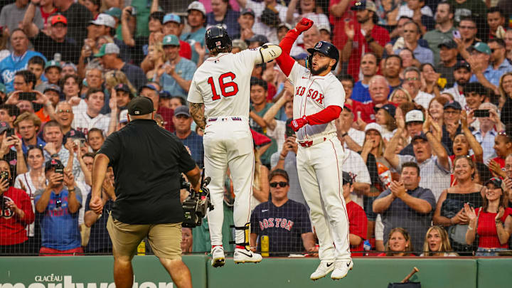 Aug 4, 2025; Boston, Massachusetts, USA; Boston Red Sox outfielder Jarren Duran (16) celebrates after hitting a three run home run against the Kansas City Royals in the first inning at Fenway Park. Mandatory Credit: David Butler II-Imagn Images Aug 4, 2025; Boston, Massachusetts, USA; Boston Red Sox outfielder Jarren Duran (16) celebrates after hitting a three run home run against the Kansas City Royals in the first inning at Fenway Park. Mandatory Credit: David Butler II-Imagn Images