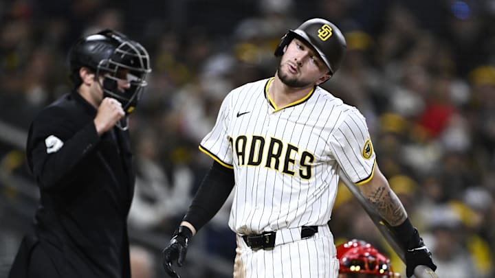 May 14, 2025; San Diego, California, USA; San Diego Padres center fielder Jackson Merrill (3) reacts after striking out during the eighth inning against the Los Angeles Angels at Petco Park. Mandatory Credit: Denis Poroy-Imagn Images