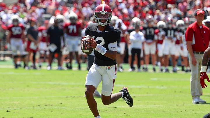 Apr 11, 2026; Tuscaloosa, AL, USA; Alabama Crimson Tide quarterback Keelon Russell (12) looks for a receiver during the Alabama A-Day spring football scrimmage game at Saban Field at Bryant-Denny Stadium. Mandatory Credit: David Leong-Imagn Images Apr 11, 2026; Tuscaloosa, AL, USA; Alabama Crimson Tide quarterback Keelon Russell (12) looks for a receiver during the Alabama A-Day spring football scrimmage game at Saban Field at Bryant-Denny Stadium. Mandatory Credit: David Leong-Imagn Images