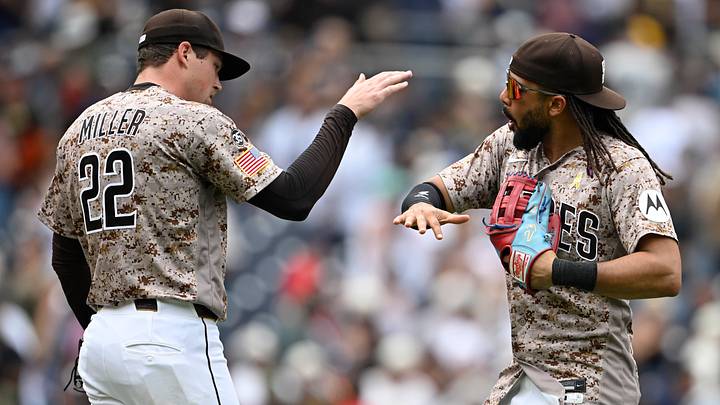 Sep 6, 2026; San Diego, California, USA; San Diego Padres right fielder Fernando Tatis Jr. (23), right, and pitcher Mason Miller (22) celebrate after the Padres beat the New York Yankees at Petco Park. Mandatory Credit: Denis Poroy-Imagn Images Sep 6, 2026; San Diego, California, USA; San Diego Padres right fielder Fernando Tatis Jr. (23), right, and pitcher Mason Miller (22) celebrate after the Padres beat the New York Yankees at Petco Park. Mandatory Credit: Denis Poroy-Imagn Images