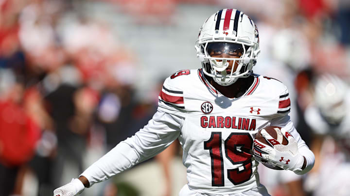 Oct 12, 2024; Tuscaloosa, Alabama, USA; South Carolina Gamecocks wide receiver Vandrevius Jacobs (19) during warm ups at Bryant-Denny Stadium. Mandatory Credit: Butch Dill-Imagn Images Oct 12, 2024; Tuscaloosa, Alabama, USA; South Carolina Gamecocks wide receiver Vandrevius Jacobs (19) during warm ups at Bryant-Denny Stadium. Mandatory Credit: Butch Dill-Imagn Images