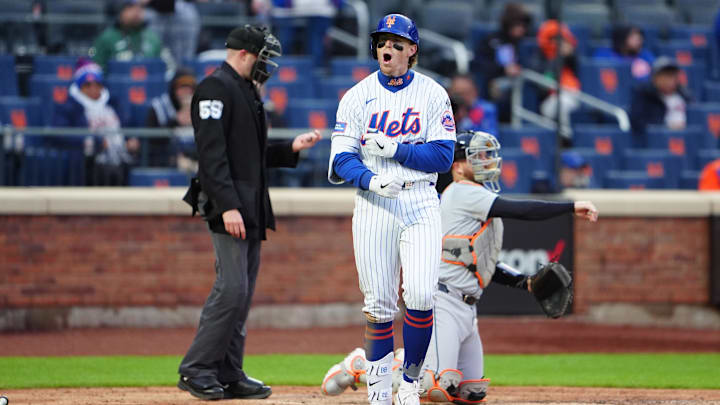 Apr 4, 2024; New York City, New York, USA; New York Mets third baseman Brett Baty (22) reacts to getting a walk against the Detroit Tigers during the ninth inning at Citi Field.