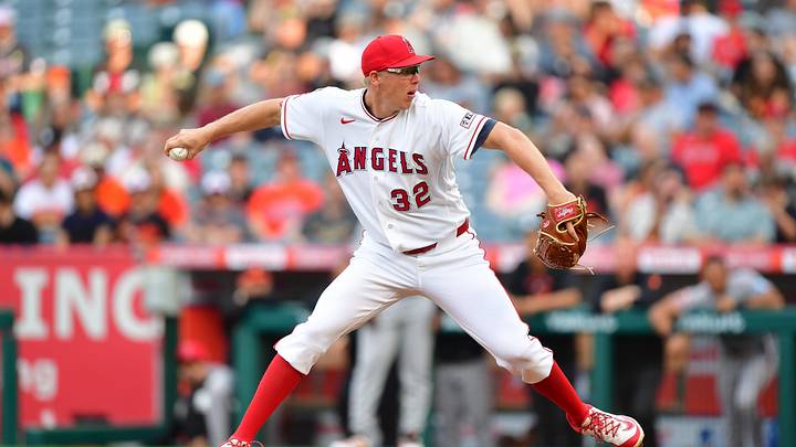 Jun 23, 2026; Anaheim, California, USA; Los Angeles Angels pitcher Ryan Johnson (32) throws against the Baltimore Orioles during the first inning at Angel Stadium. Mandatory Credit: Gary A. Vasquez-Imagn Images
