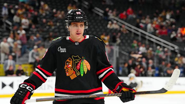 Mar 14, 2026; Las Vegas, Nevada, USA; Chicago Blackhawks center Teuvo Teravainen (86) warms up before a game against the Vegas Golden Knights at T-Mobile Arena. Mandatory Credit: Stephen R. Sylvanie-Imagn Images