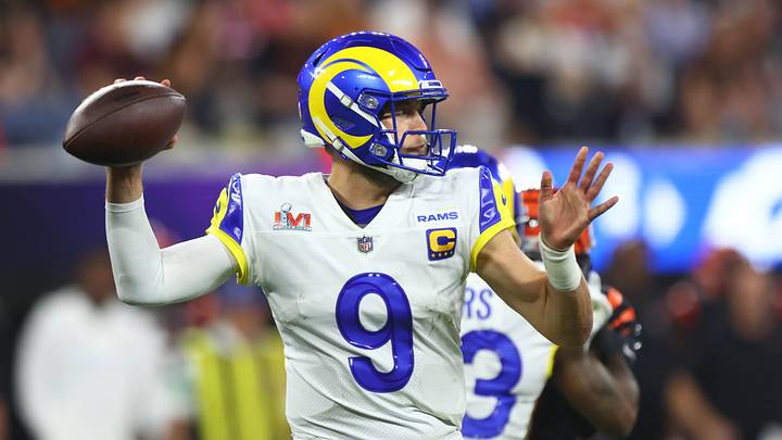 Feb 13, 2022; Inglewood, CA, USA; Los Angeles Rams quarterback Matthew Stafford (9) throws a pass against the Cincinnati Bengals in the fourth quarter of Super Bowl LVI at SoFi Stadium. Mandatory Credit: Mark J. Rebilas-USA TODAY Sports Feb 13, 2022; Inglewood, CA, USA; Los Angeles Rams quarterback Matthew Stafford (9) throws a pass against the Cincinnati Bengals in the fourth quarter of Super Bowl LVI at SoFi Stadium. Mandatory Credit: Mark J. Rebilas-USA TODAY Sports