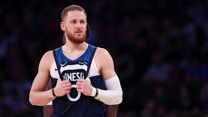 Oct 13, 2024; New York, New York, USA; Minnesota Timberwolves guard Donte DiVincenzo (0) looks on during the first half against the New York Knicks at Madison Square Garden.