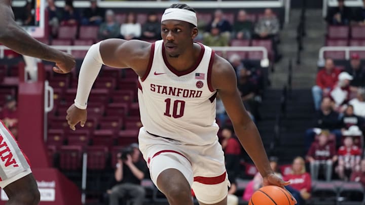 Dec 7, 2025; Stanford, California, USA;  Stanford Cardinal forward Chisom Okpara (10) dribbles to the basket against the UNLV Runnin' Rebels in the first half at Maples Pavilion. Mandatory Credit: David Gonzales-Imagn Images