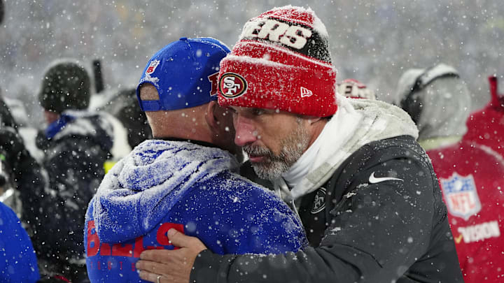 Dec 1, 2024; Orchard Park, New York, USA; San Francisco 49ers head coach Kyle Shanahan congratulates Buffalo Bills head coach Sean McDermott after the game at Highmark Stadium. Mandatory Credit: Gregory Fisher-Imagn Images Dec 1, 2024; Orchard Park, New York, USA; San Francisco 49ers head coach Kyle Shanahan congratulates Buffalo Bills head coach Sean McDermott after the game at Highmark Stadium. Mandatory Credit: Gregory Fisher-Imagn Images
