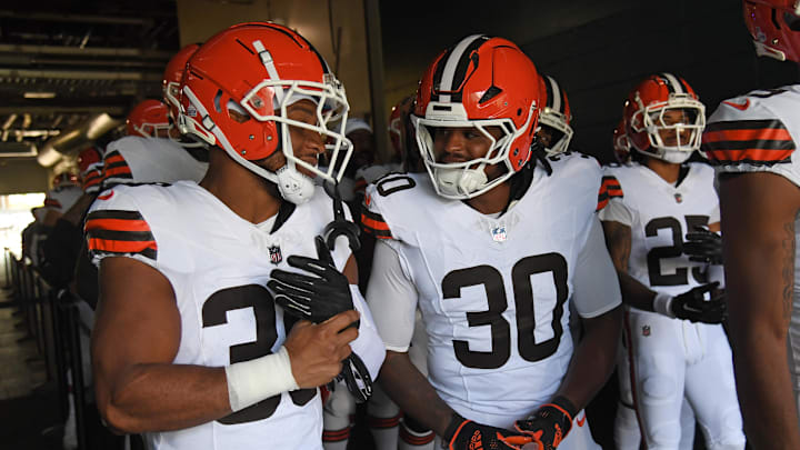 Oct 13, 2024; Philadelphia, Pennsylvania, USA; Cleveland Browns linebacker Khaleke Hudson (39) and linebacker Devin Bush (30) in the tunnel against the Philadelphia Eagles at Lincoln Financial Field. Mandatory Credit: Eric Hartline-Imagn Images