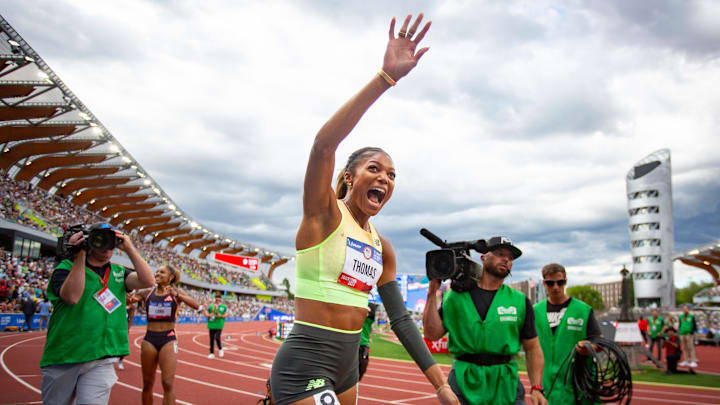 Gabby Thomas celebrates after winning the women’s 200 meters during day nine of the U.S. Olympic Track & Field Trials. Gabby Thomas celebrates after winning the women’s 200 meters during day nine of the U.S. Olympic Track & Field Trials.