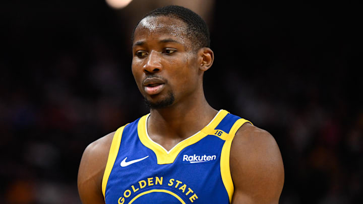 Dec 23, 2024; San Francisco, California, USA; Golden State Warriors forward Jonathan Kuminga (00) looks on against the Indiana Pacers in the third quarter at Chase Center. Mandatory Credit: Eakin Howard-Imagn Images