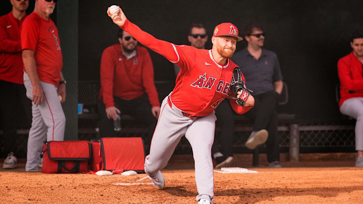 Feb 11, 2026; Tempe, AZ, USA;  Los Angeles Angels pitcher Sam Bachman during pitchers and catchers workouts at Tempe Diablo Stadium in Tempe, Arizona. Mandatory Credit: Arianna Grainey-Imagn Images