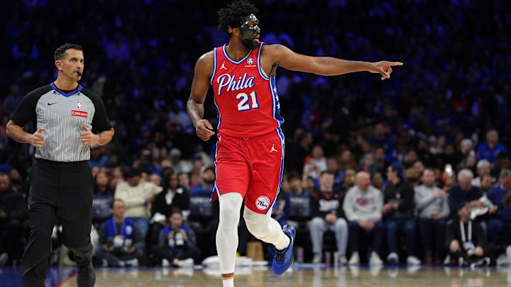 Dec 20, 2024; Philadelphia, Pennsylvania, USA; Philadelphia 76ers center Joel Embiid (21) reacts against the Charlotte Hornets in the fourth quarter at Wells Fargo Center. Mandatory Credit: Kyle Ross-Imagn Images