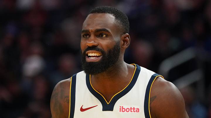 Feb 22, 2026; San Francisco, California, USA;  Denver Nuggets guard-forward Tim Hardaway Jr. (10) talks with the referee during a game against the Golden State Warriors in the third quarter at Chase Center. Mandatory Credit: David Gonzales-Imagn Images