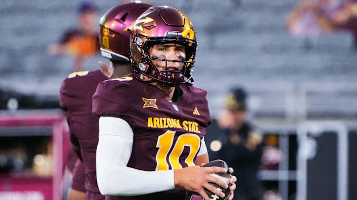 Sep 13, 2025; Tempe, Arizona, USA;  Arizona State Sun Devils quarterback Sam Leavitt (10) warms-up before a game against Texas State Bobcats at Mountain America Stadium. Mandatory Credit: Arianna Grainey-Imagn Images