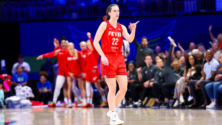 Jul 17, 2024; Arlington, Texas, USA; Indiana Fever guard Caitlin Clark (22) reacts during the second half against the Dallas Wings at College Park Center. Mandatory Credit: Kevin Jairaj-USA TODAY Sports