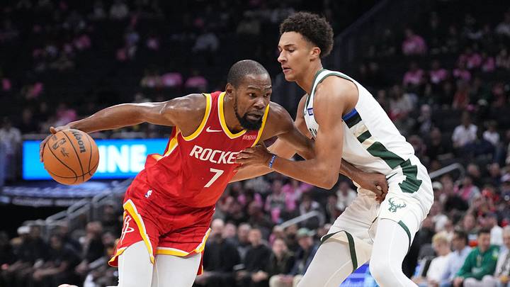 Oct 28, 2026; Milwaukee, Wisconsin, USA; Houston Rockets forward Kevin Durant (7) drives against Milwaukee Bucks forward Nate Ament (15) in the first half at Fiserv Forum. Mandatory Credit: Michael McLoone-Imagn Images Oct 28, 2026; Milwaukee, Wisconsin, USA; Houston Rockets forward Kevin Durant (7) drives against Milwaukee Bucks forward Nate Ament (15) in the first half at Fiserv Forum. Mandatory Credit: Michael McLoone-Imagn Images