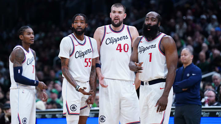 Nov 25, 2024; Boston, Massachusetts, USA; LA Clippers guard James Harden (1) reacts after his forward Derrick Jones Jr. (55) is called for a technical foul against the Boston Celtics in the second quarter at TD Garden. Mandatory Credit: David Butler II-Imagn Images