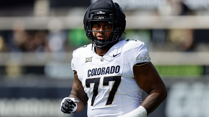 Apr 19, 2025; Boulder, CO, USA; Colorado Buffaloes offensive tackle Jordan Seaton (77) during the spring game at Folsom Field. Mandatory Credit: Isaiah J. Downing-Imagn Images