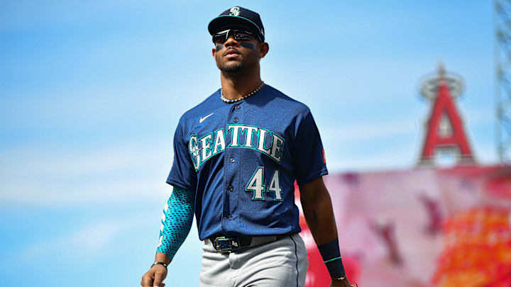 Apr 5, 2026; Anaheim, California, USA; Seattle Mariners center fielder Julio Rodriguez (44) returns to the dugout following the fourth inning against the Los Angeles Angels at Angel Stadium. Mandatory Credit: Gary A. Vasquez-Imagn Images Apr 5, 2026; Anaheim, California, USA; Seattle Mariners center fielder Julio Rodriguez (44) returns to the dugout following the fourth inning against the Los Angeles Angels at Angel Stadium. Mandatory Credit: Gary A. Vasquez-Imagn Images