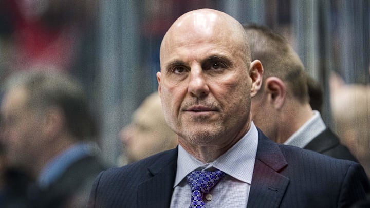 Jan 25, 2025; Vancouver, British Columbia, CAN; Vancouver Canucks head coach Rick Tocchet looks on from the bench against the Washington Capitals in the second period at Rogers Arena. 