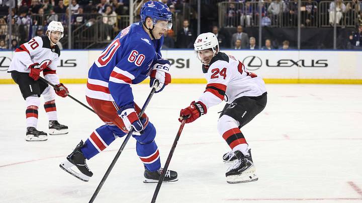 Sep 24, 2026; New York, New York, USA; New York Rangers defenseman Scott Morrow (60) shoots past New Jersey Devils defenseman Seamus Casey (24) in the second period at Madison Square Garden. Mandatory Credit: Wendell Cruz-Imagn Images Sep 24, 2026; New York, New York, USA; New York Rangers defenseman Scott Morrow (60) shoots past New Jersey Devils defenseman Seamus Casey (24) in the second period at Madison Square Garden. Mandatory Credit: Wendell Cruz-Imagn Images