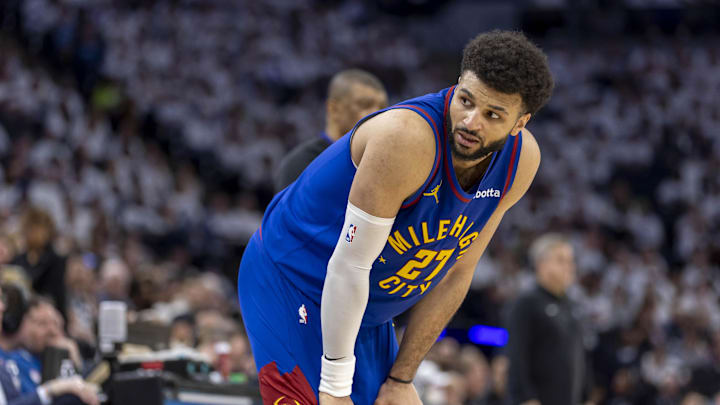 Denver Nuggets guard Jamal Murray (27) against the Minnesota Timberwolves during game three of the second round for the 2024 NBA playoffs at Target Center. Denver Nuggets guard Jamal Murray (27) against the Minnesota Timberwolves during game three of the second round for the 2024 NBA playoffs at Target Center.