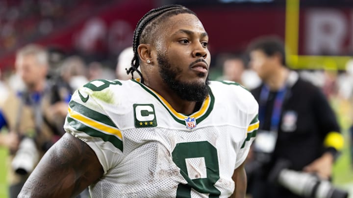 Oct 19, 2025; Glendale, Arizona, USA; Green Bay Packers running back Josh Jacobs (8) against the Arizona Cardinals at State Farm Stadium. 