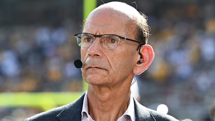 Oct 5, 2024; College Station, Texas, USA; SEC Nation analyst Paul Finebaum looks on prior to the game between the Texas A&M Aggies and the Missouri Tigers at Kyle Field. Mandatory Credit: Maria Lysaker-Imagn Images. 