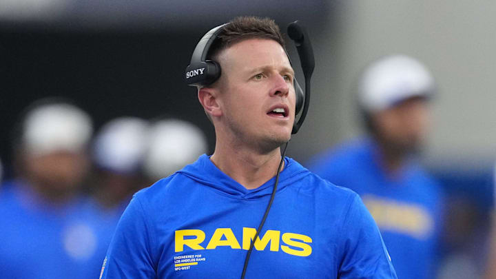 Aug 16, 2025; Inglewood, California, USA; Los Angeles Rams offensive coordinator Mike LaFleur reacts against the Los Angeles Chargers in the second half at SoFi Stadium. Mandatory Credit: Kirby Lee-Imagn Images
