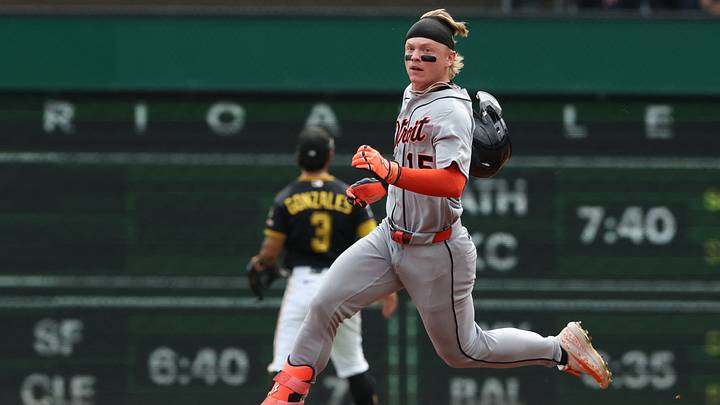 Aug 19, 2026; Pittsburgh, Pennsylvania, USA; Detroit Tigers center fielder Max Clark (15) runs to second base with a double against the Pittsburgh Pirates during the fifth inning at PNC Park. Mandatory Credit: Charles LeClaire-Imagn Images