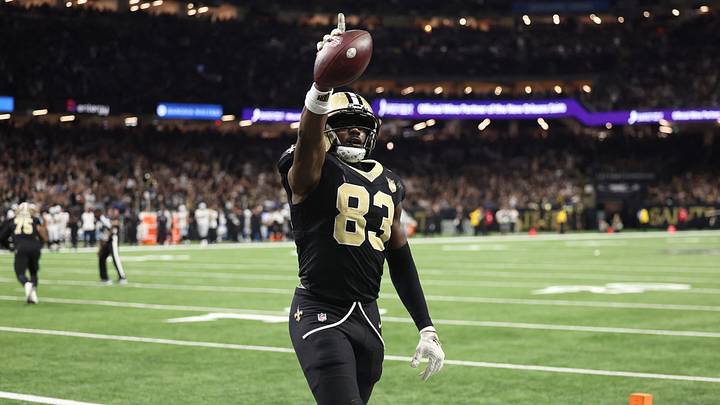 Sep 27, 2026; New Orleans, Louisiana, USA;  New Orleans Saints tight end Juwan Johnson (83) reacts in the second half against the Las Vegas Raiders at Caesars Superdome.  Mandatory Credit: Stephen Lew-Imagn Images