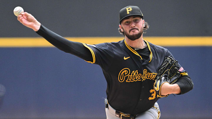 Jun 25, 2025; Milwaukee, Wisconsin, USA;  Pittsburgh Pirates starting pitcher Paul Skenes throws a pitch in the fifth inning against the Milwaukee Brewers at American Family Field. Mandatory Credit: Benny Sieu-Imagn Images