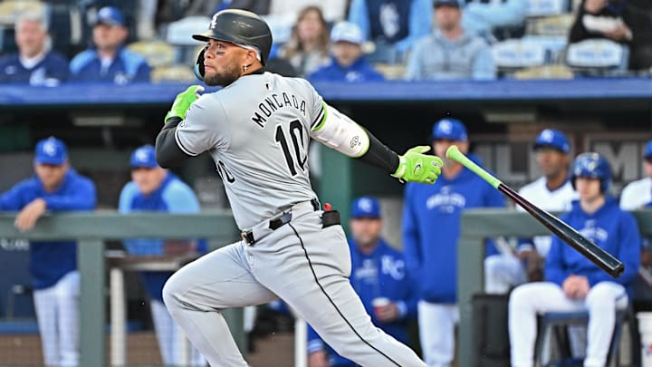 Apr 4, 2024; Kansas City, Missouri, USA;  Chicago White Sox third baseman Yoan Moncada (10) singles in the first inning against the Kansas City Royals at Kauffman Stadium. 