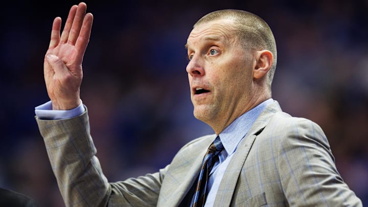 Feb 17, 2026; Lexington, Kentucky, USA; Kentucky Wildcats head coach Mark Pope calls out to his players during the first half against the Georgia Bulldogs at Rupp Arena at Central Bank Center. Mandatory Credit: Jordan Prather-Imagn Images