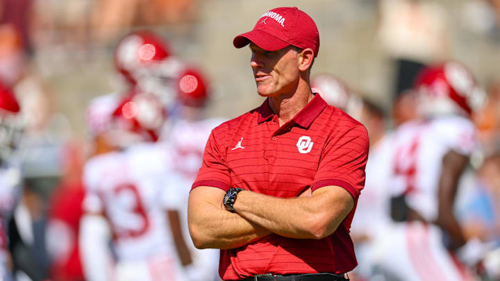 Oct 11, 2025; Dallas, Texas, USA;  Oklahoma Sooners head coach Brent Venables before the game against the Texas Longhorns at the Cotton Bowl. Mandatory Credit: Kevin Jairaj-Imagn Images