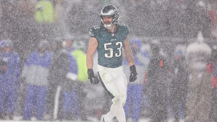 Jan 19, 2025; Philadelphia, Pennsylvania, USA; Philadelphia Eagles linebacker Zack Baun (53) in a game against the Los Angeles Rams in a 2025 NFC divisional round game at Lincoln Financial Field. Mandatory Credit: Bill Streicher-Imagn Images