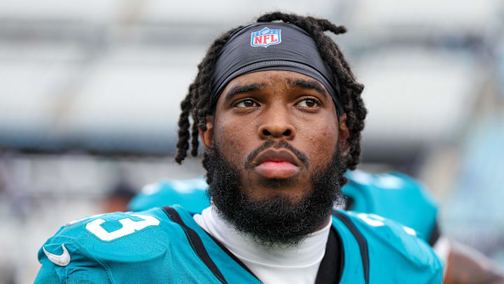 Jacksonville Jaguars running back Bhayshul Tuten (33) looks on after a game against the Carolina Panthers at EverBank Stadium. 
