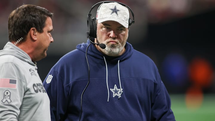Dallas Cowboys head coach Mike McCarthy on the field against the Atlanta Falcons in the fourth quarter at Mercedes-Benz Stadium.