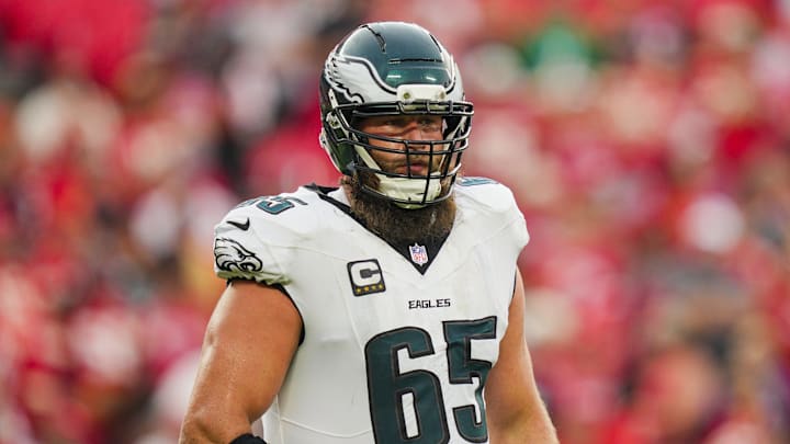 Sep 14, 2025; Kansas City, Missouri, USA; Philadelphia Eagles offensive tackle Lane Johnson (65) reacts during the second half against the Kansas City Chiefs at GEHA Field at Arrowhead Stadium. Mandatory Credit: Jay Biggerstaff-Imagn Images