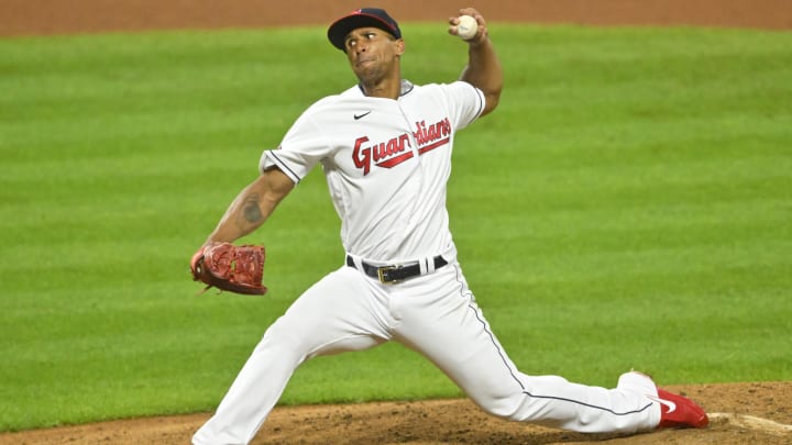 Jun 7, 2022; Cleveland, Ohio, USA; Cleveland Guardians relief pitcher Anthony Gose (26) delivers a pitch in the eighth inning against the Texas Rangers at Progressive Field. Mandatory Credit: David Richard-USA TODAY Sports