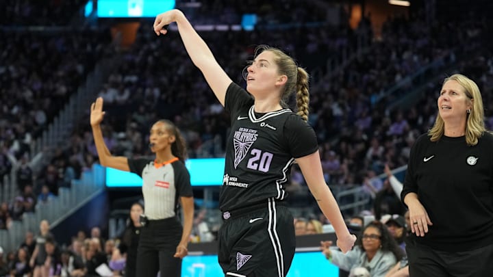 Jun 1, 2025; San Francisco, California, USA; Golden State Valkyries guard Kate Martin (20) gestures after shooting a three point basket against the Minnesota Lynx during the third quarter at Chase Center. Mandatory Credit: Darren Yamashita-Imagn Images Jun 1, 2025; San Francisco, California, USA; Golden State Valkyries guard Kate Martin (20) gestures after shooting a three point basket against the Minnesota Lynx during the third quarter at Chase Center. Mandatory Credit: Darren Yamashita-Imagn Images